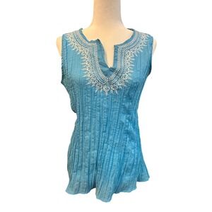 Cato Blue Sleeveless‎ Top Embroidered Details Pleated Lightweight Casual